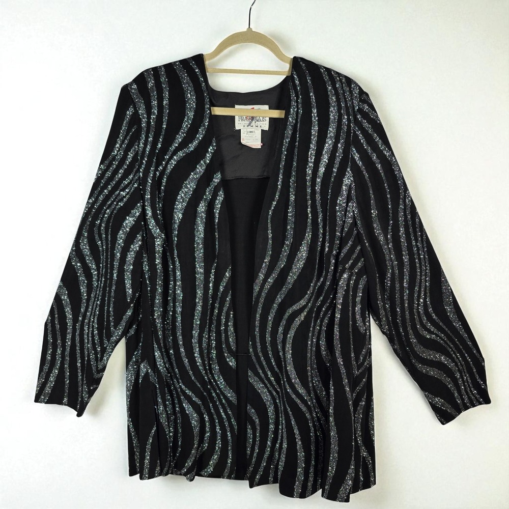 Vintage En Francais Huey Waltzer Open Blazer 3X Women Black Silver Sparkle Party